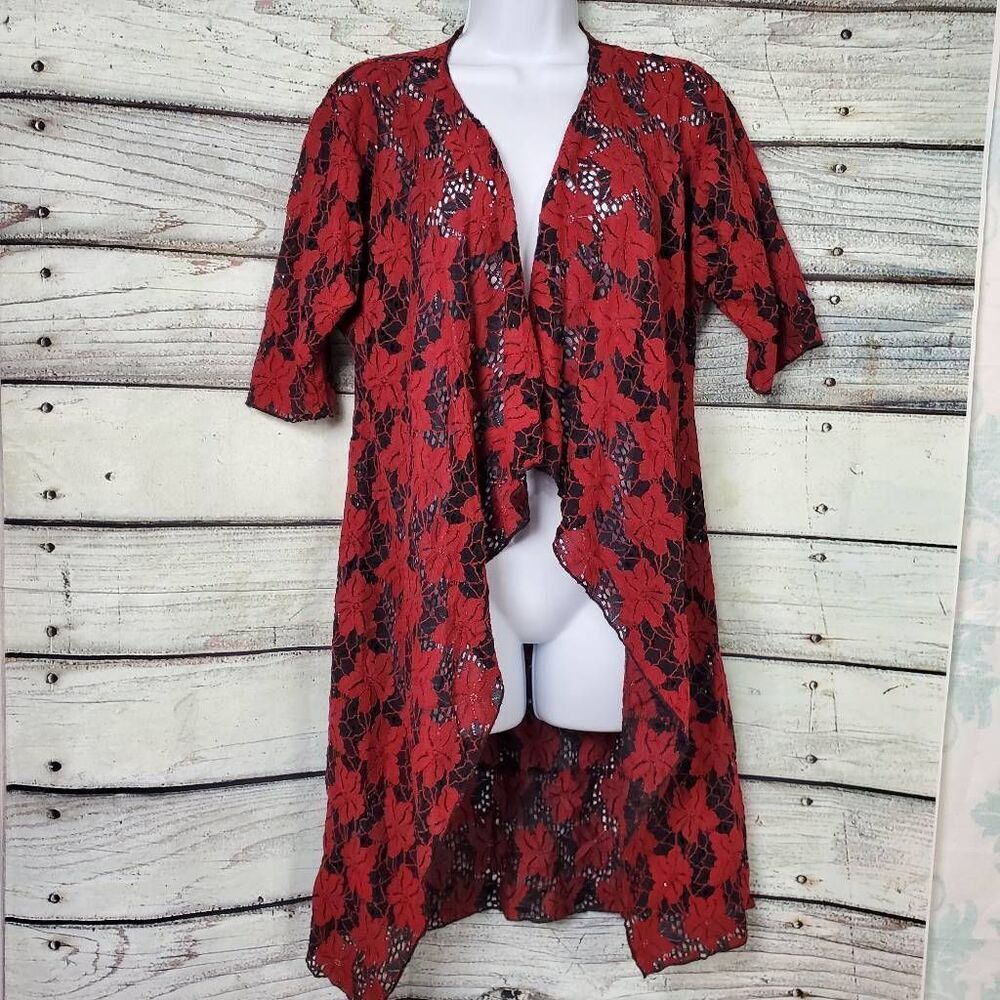 LuLaRoe Women’s Red Black Lace Floral Kimono Duster Cardigan Small